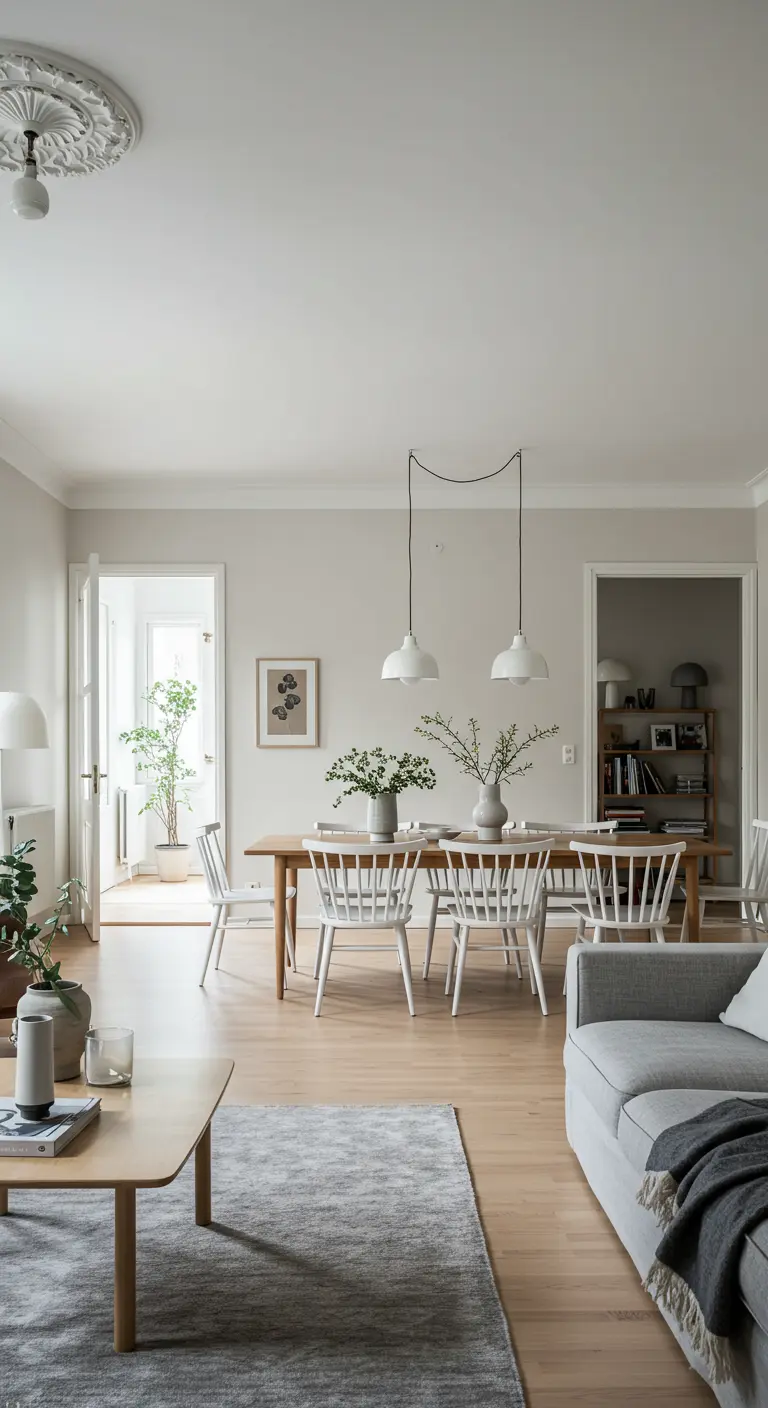 Espacio de concepto abierto con zona de salón y comedor bien diferenciadas por una alfombra