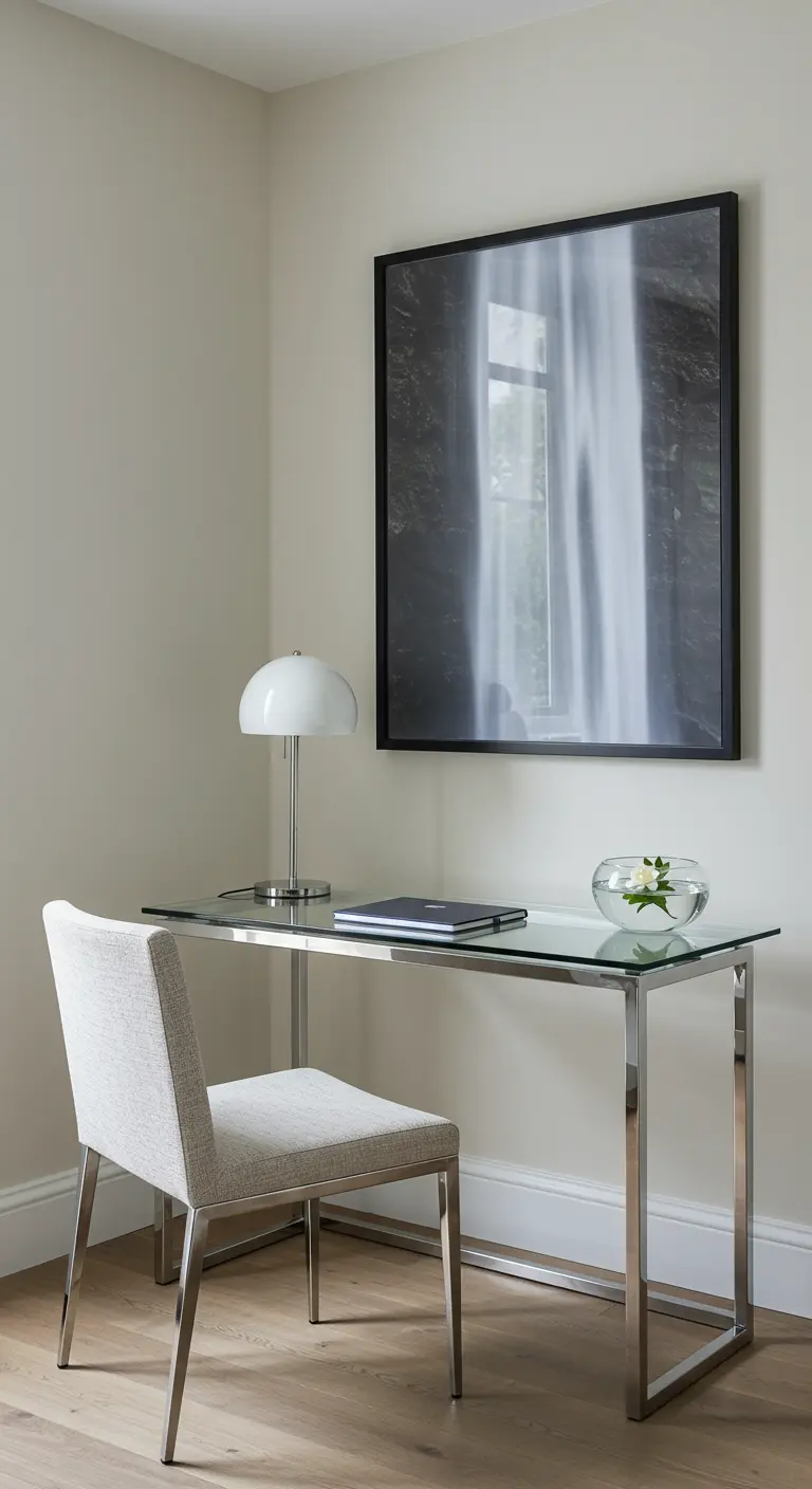 Escritorio de cristal con una silla tapizada en gris y un gran cuadro de una cascada en blanco y negro.