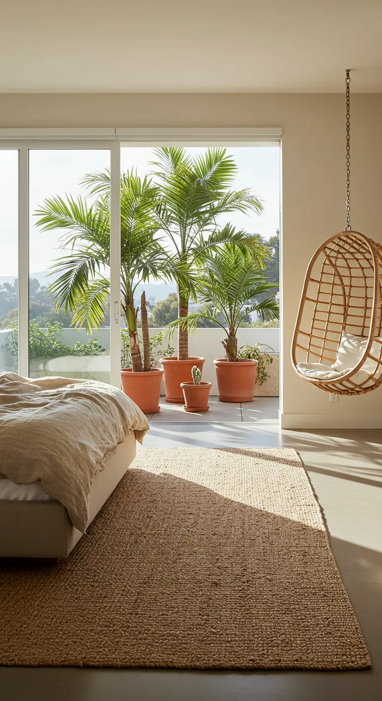 Dormitorio con acceso a un balcón, unificado por una gran alfombra de yute.