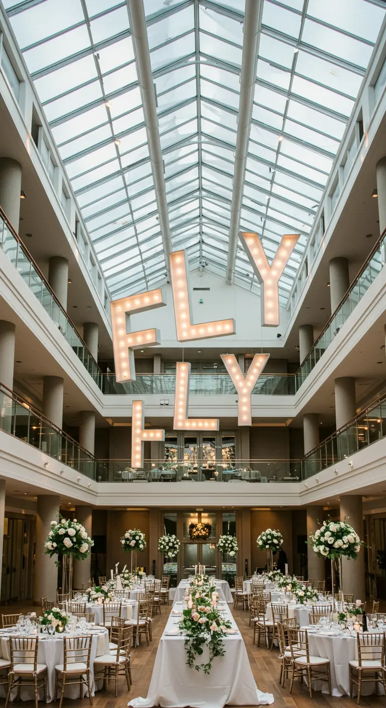 Letras luminosas que dicen FLY colgadas a diferentes alturas en el atrio de un edificio moderno.