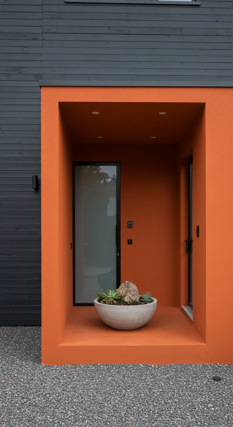 Entrada moderna con un nicho pintado de naranja intenso y una maceta de hormigón
