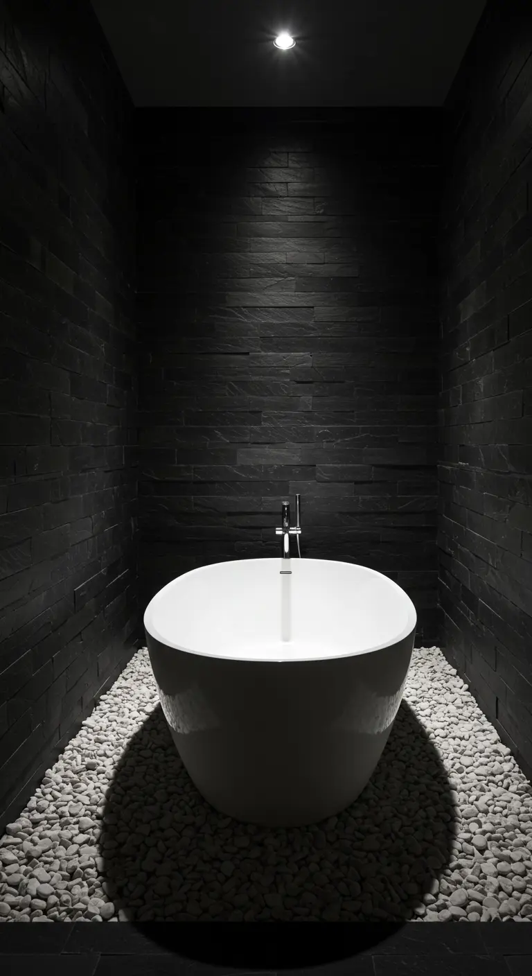 Baño oscuro con paredes de pizarra, suelo de piedras blancas y bañera exenta iluminada desde arriba.