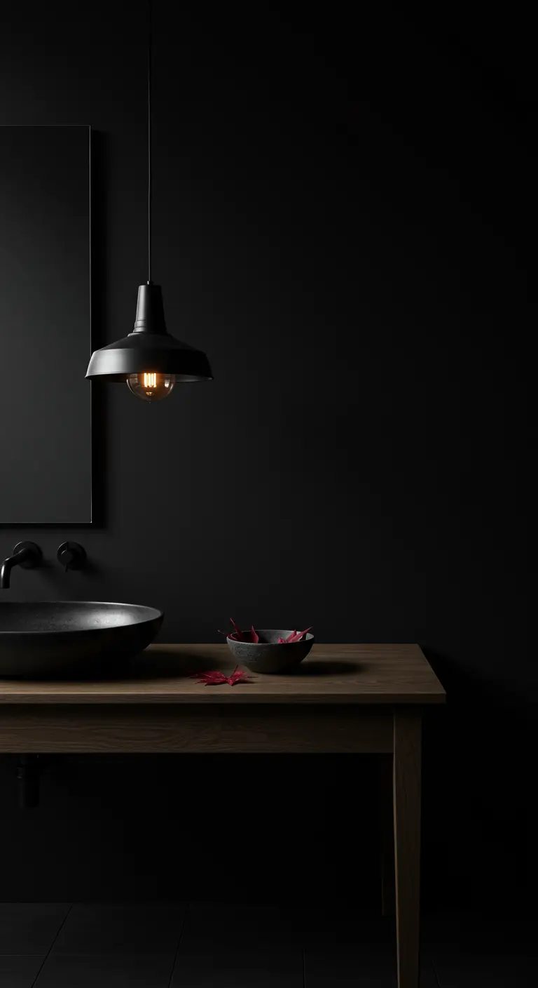 Baño completamente negro con una lámpara colgante sobre un lavabo de madera y hojas rojas.