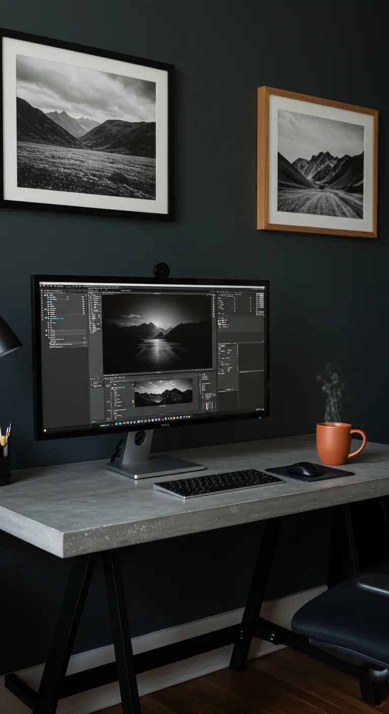 Estudio de edición digital con paredes oscuras y un escritorio de efecto cemento