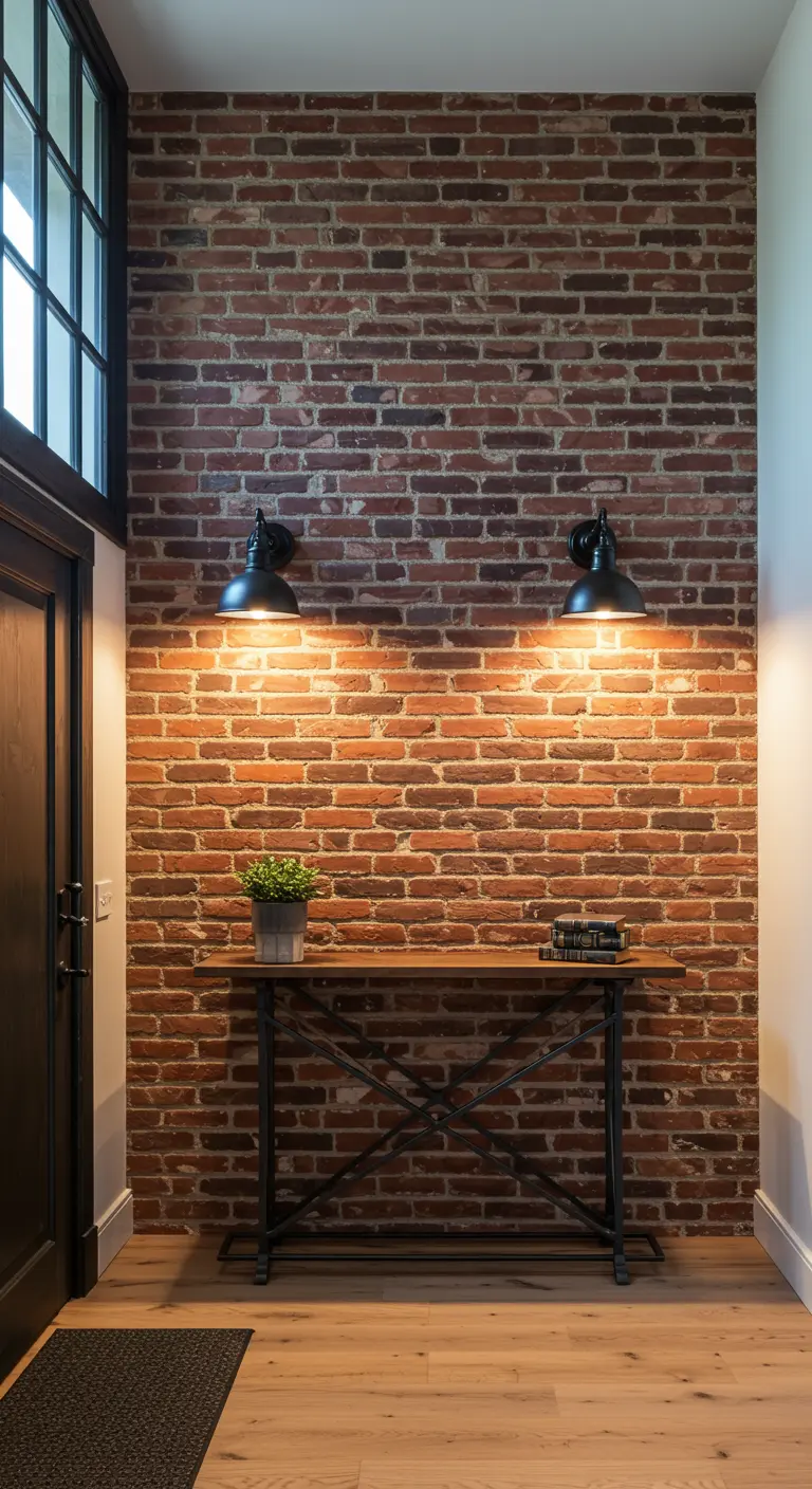 Pared de ladrillo iluminada por dos apliques negros de estilo industrial, sobre una consola.