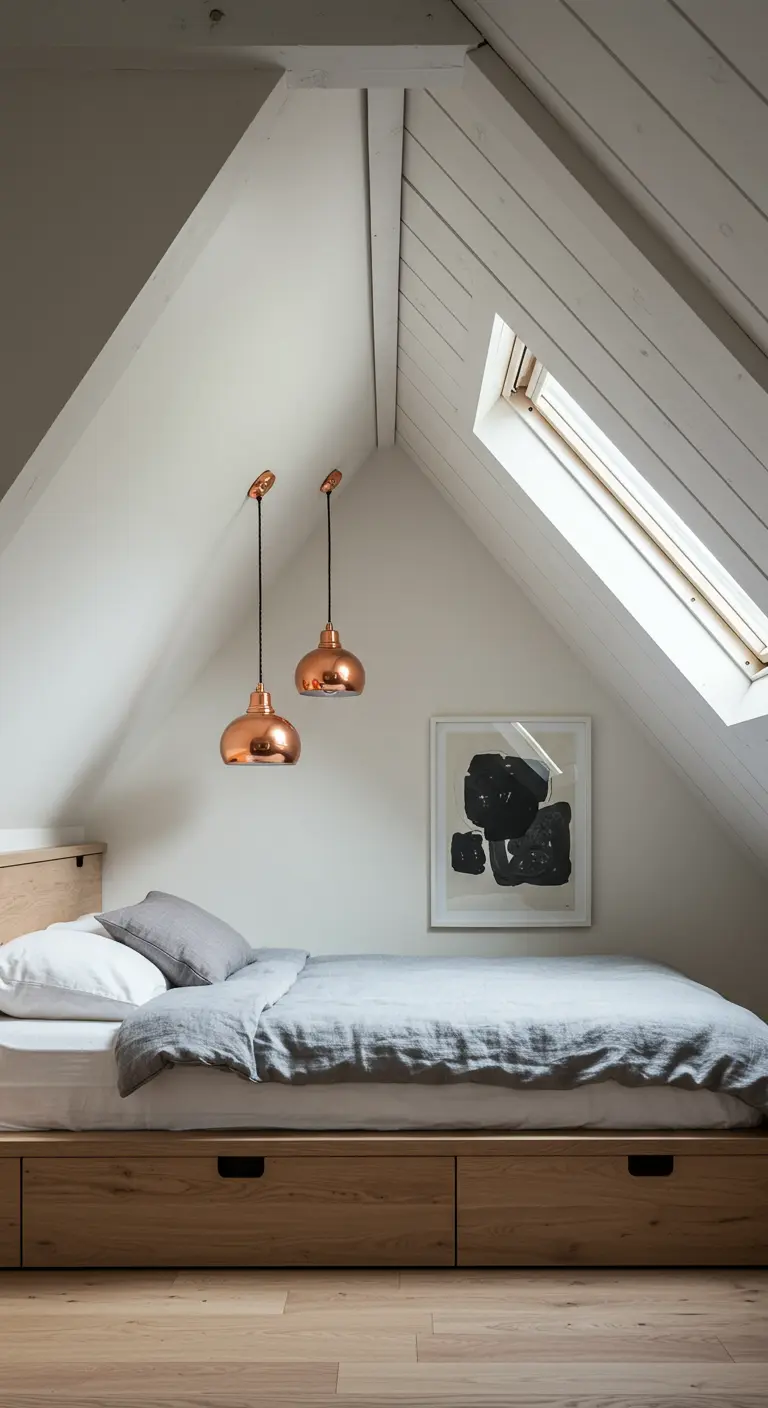 Dos lámparas colgantes de cobre sobre una cama en un dormitorio abuhardillado y luminoso.