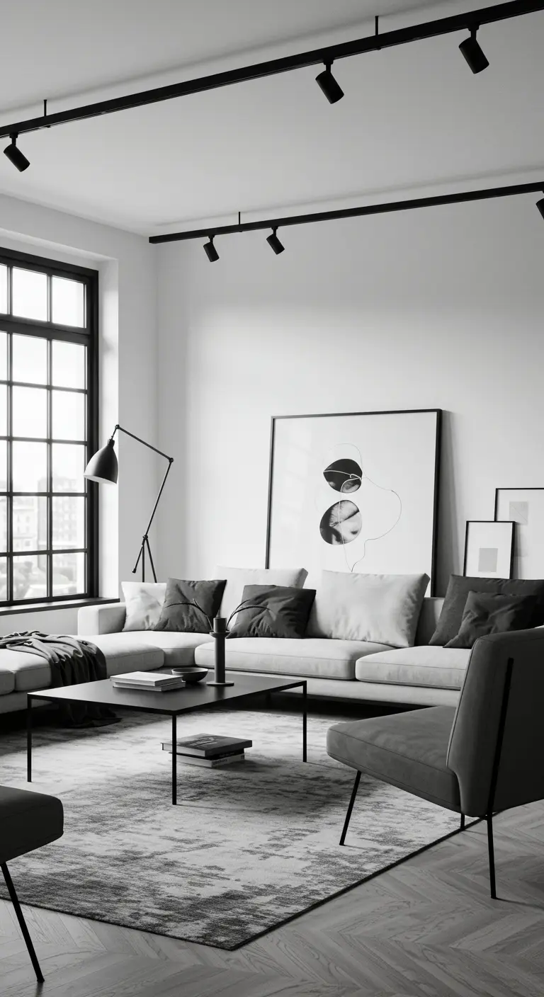 Sala de estar moderna en blanco y negro con sistema de iluminación de riel de metal negro.