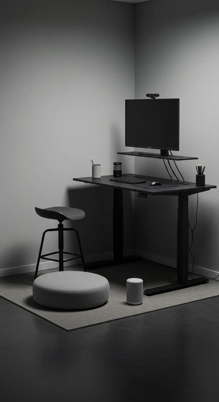 Escritorio elevable negro en una habitación monocromática con accesorios minimalistas.