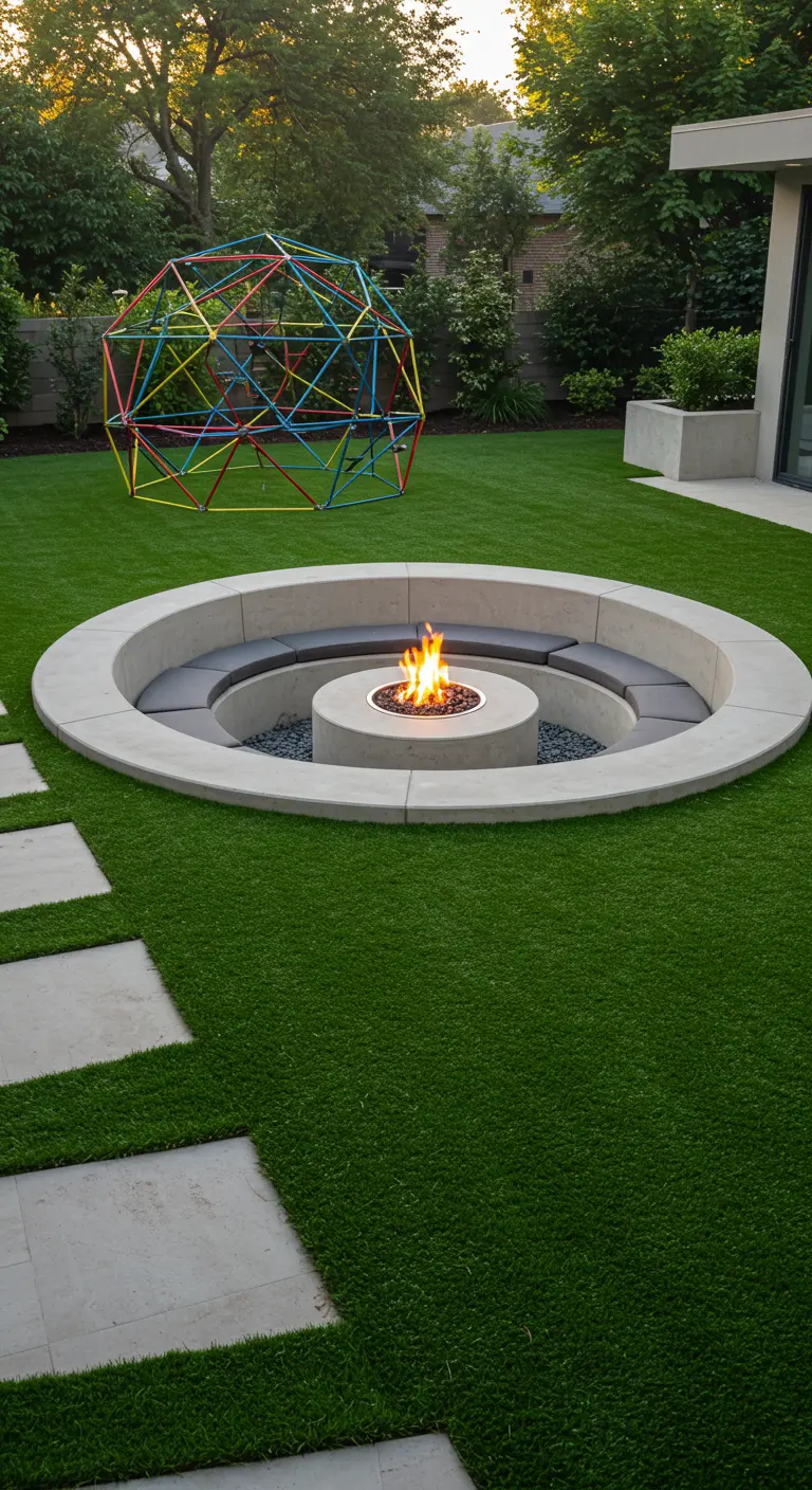 Jardín con césped artificial, fogata circular con banco de obra y un domo de escalada de colores