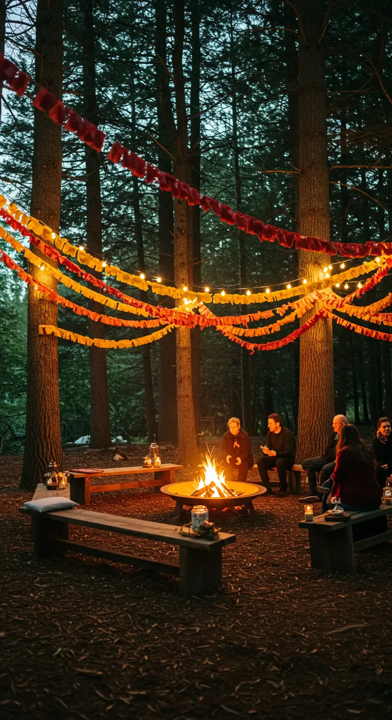 Gente alrededor de una fogata en el bosque bajo guirnaldas de papel y luces cálidas.