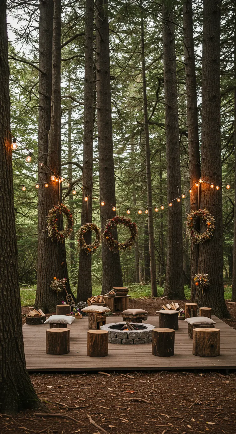 Zona de fogata en un bosque con tarima de madera, asientos de tronco y coronas secas.
