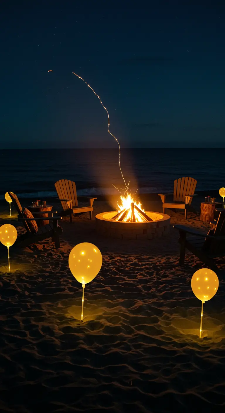 Fiesta en la playa de noche con una fogata y globos LED amarillos clavados en la arena.