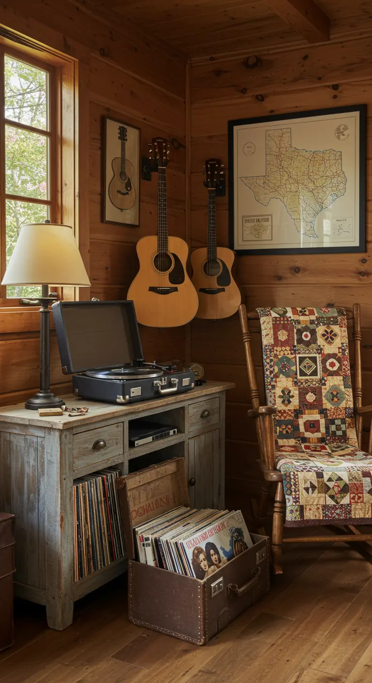 Rincón rústico con paredes de madera, un tocadiscos en un mueble envejecido y guitarras en la pared.