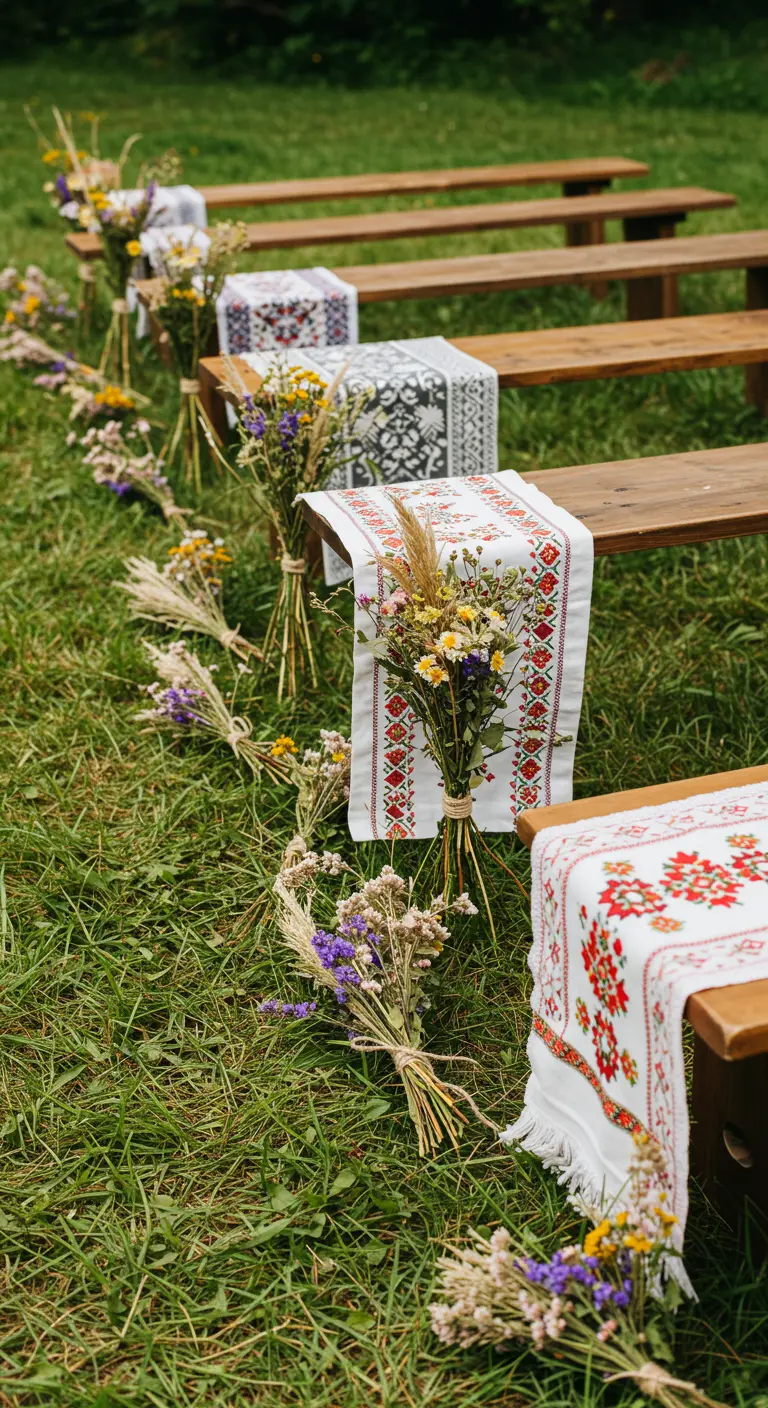 Bancos de madera con caminos de mesa bordados y ramos de flores silvestres.
