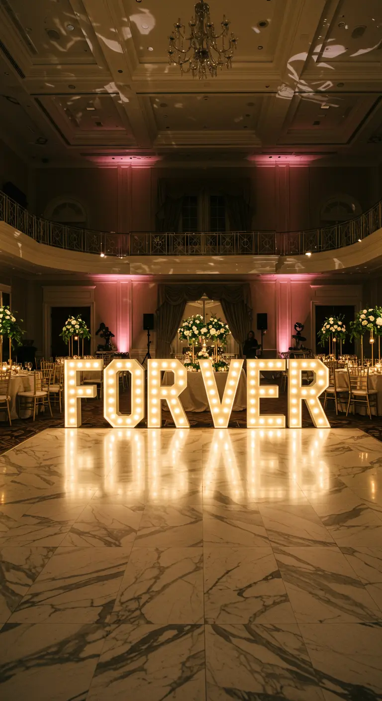 Letras luminosas gigantes con la palabra FOREVER en una elegante pista de baile de mármol.