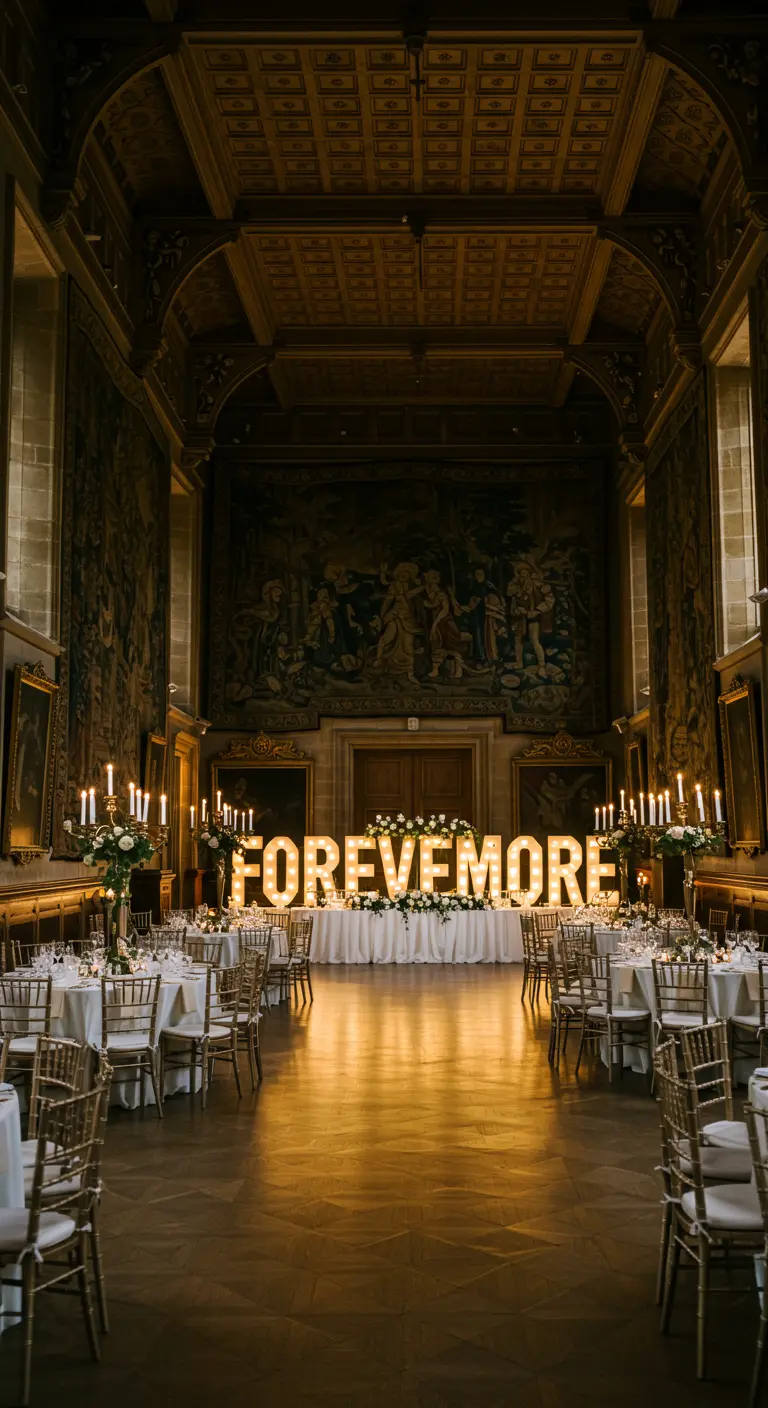 Letras luminosas FOREVERMORE en un gran salón de banquetes de estilo histórico.