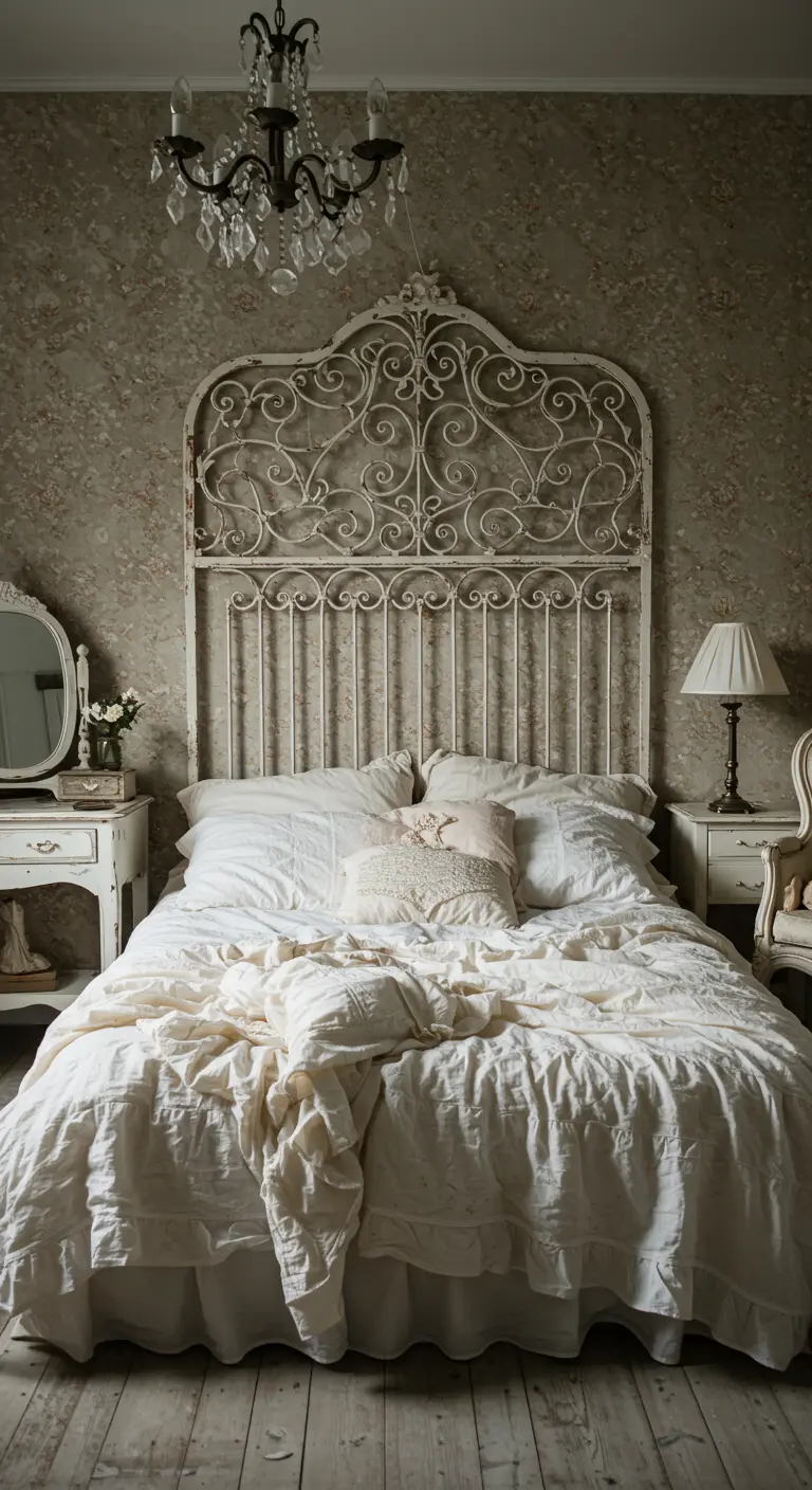 Un antiguo portón de hierro forjado pintado de blanco se utiliza como cabecero ornamental en un dormitorio vintage