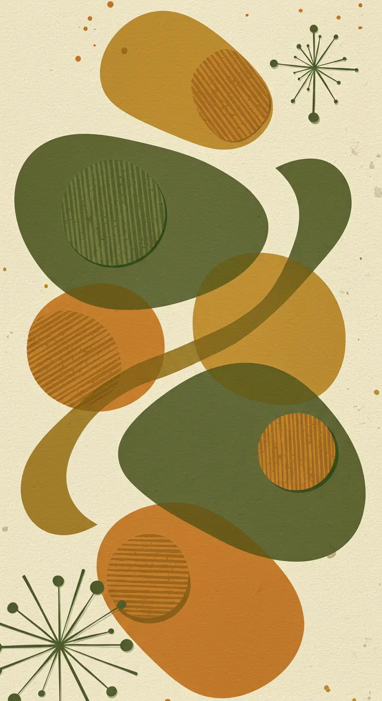 Ilustración de estilo Mid-Century Modern con formas orgánicas y texturizadas