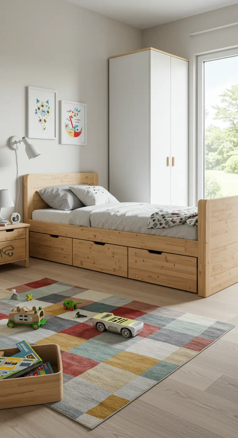 Cama infantil de madera de pino con tres cajones inferiores en una habitación con alfombra de colores.