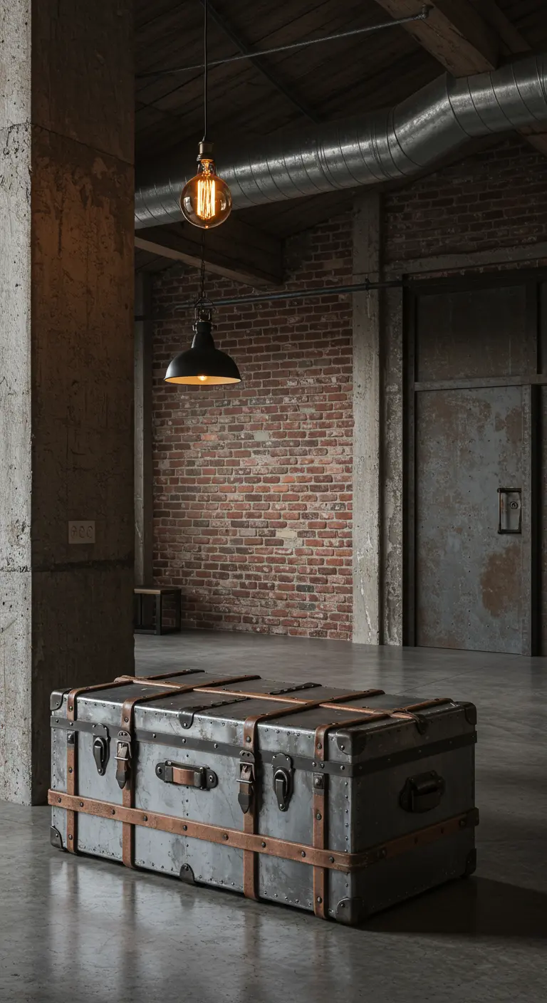 Baúl metálico de estilo industrial en un loft con paredes de hormigón y ladrillo visto.