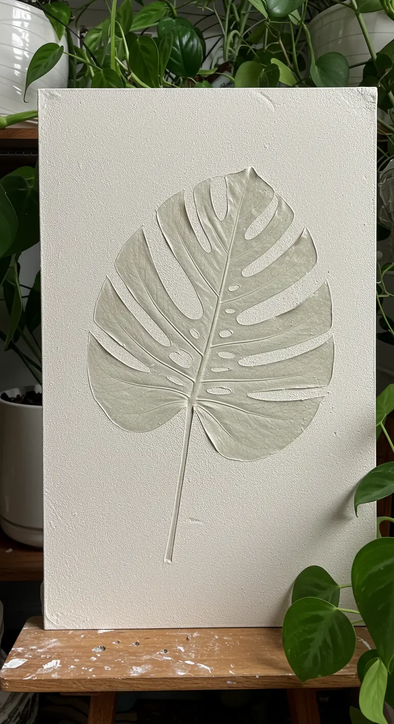 Lienzo blanco con la impresión de una hoja de Monstera hecha en yeso texturizado