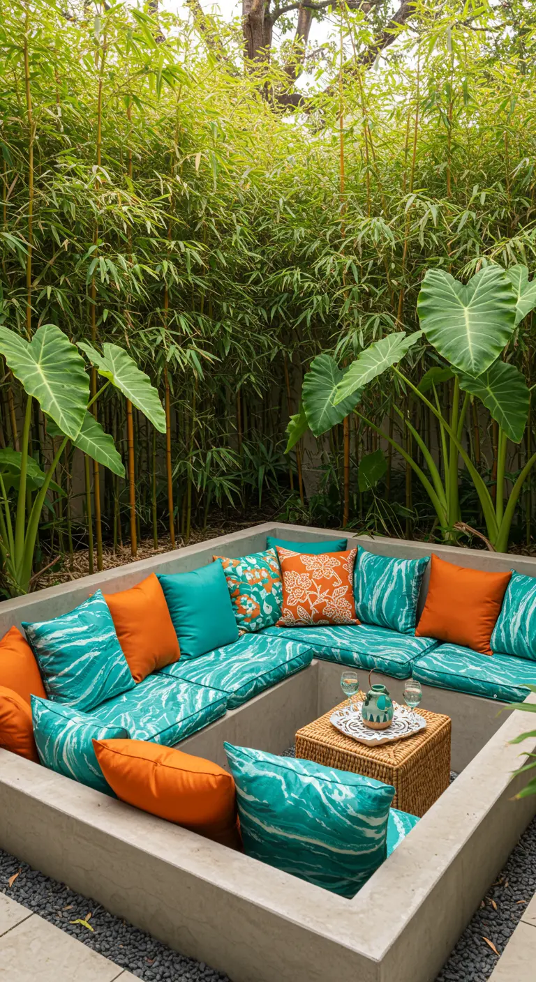 Zona de descanso hundida en un patio, con cojines turquesas y naranjas rodeada de bambú.