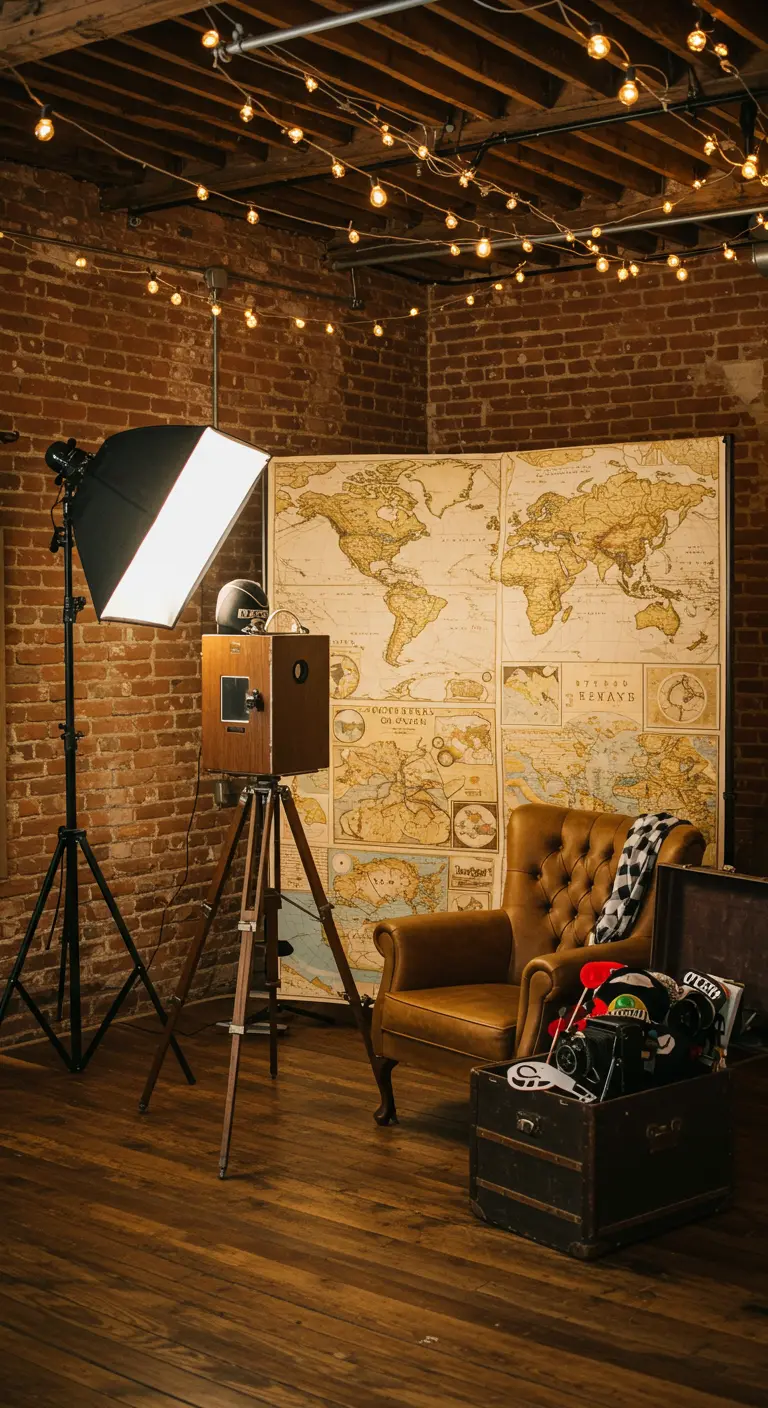 Rincón de fotomatón con un mapa del mundo antiguo, una cámara vintage sobre un trípode y un sillón.