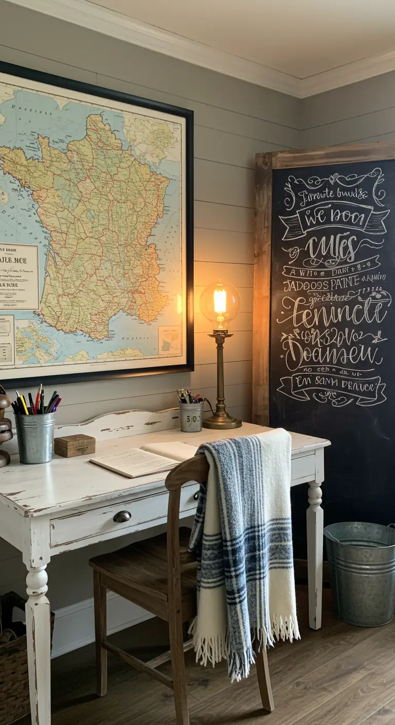 Rincón de estudio rústico con escritorio blanco decapado, mapa de Francia y pizarra grande.