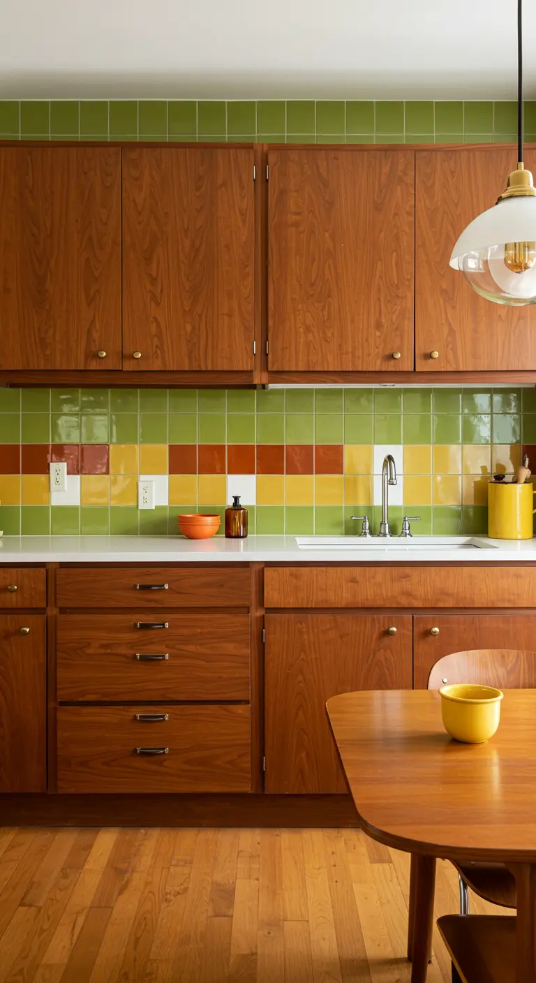 Cocina retro con gabinetes de madera y un salpicadero de azulejos de colores en franjas horizontales.