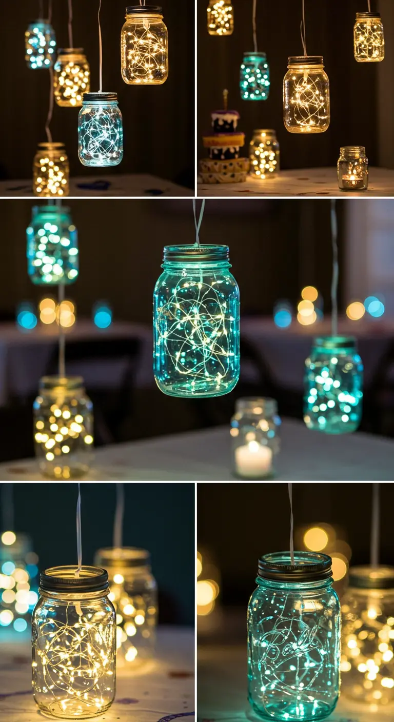 Collage de frascos de cristal de diferentes colores y tamaños, llenos de luces de hadas, usados como decoración colgante.