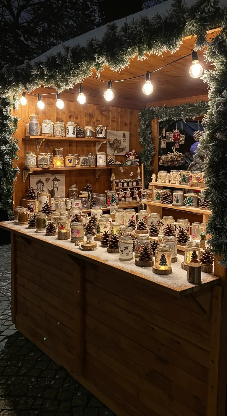 Puesto de mercado de madera con una gran variedad de portavelas hechos con frascos decorados.