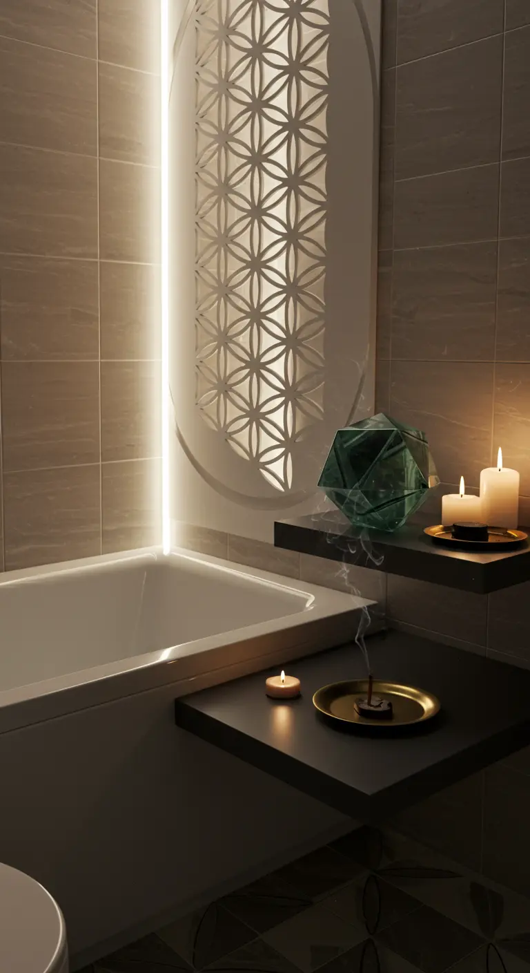 Baño moderno con un panel de luz de geometría sagrada, velas e incienso.