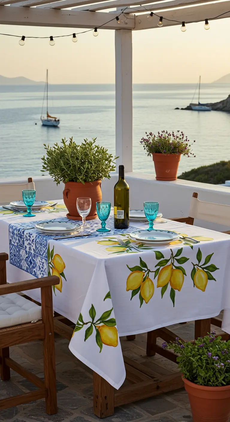 Mantel blanco con limones amarillos y un borde de azulejos azules en un balcón con vistas al mar.