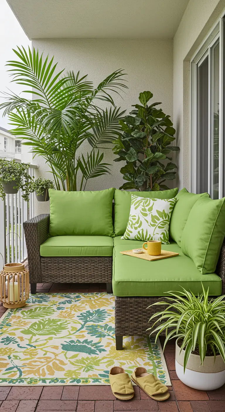 Balcón luminoso con sofá de mimbre, cojines verde lima y estampados, y una alfombra floral a juego.