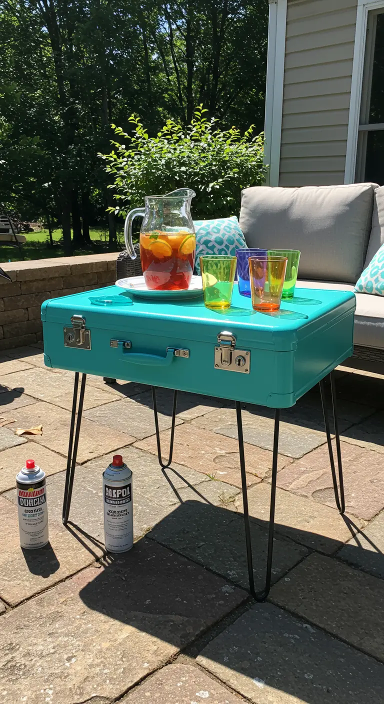 Maleta turquesa con patas de horquilla negras utilizada como mesa auxiliar en un patio.