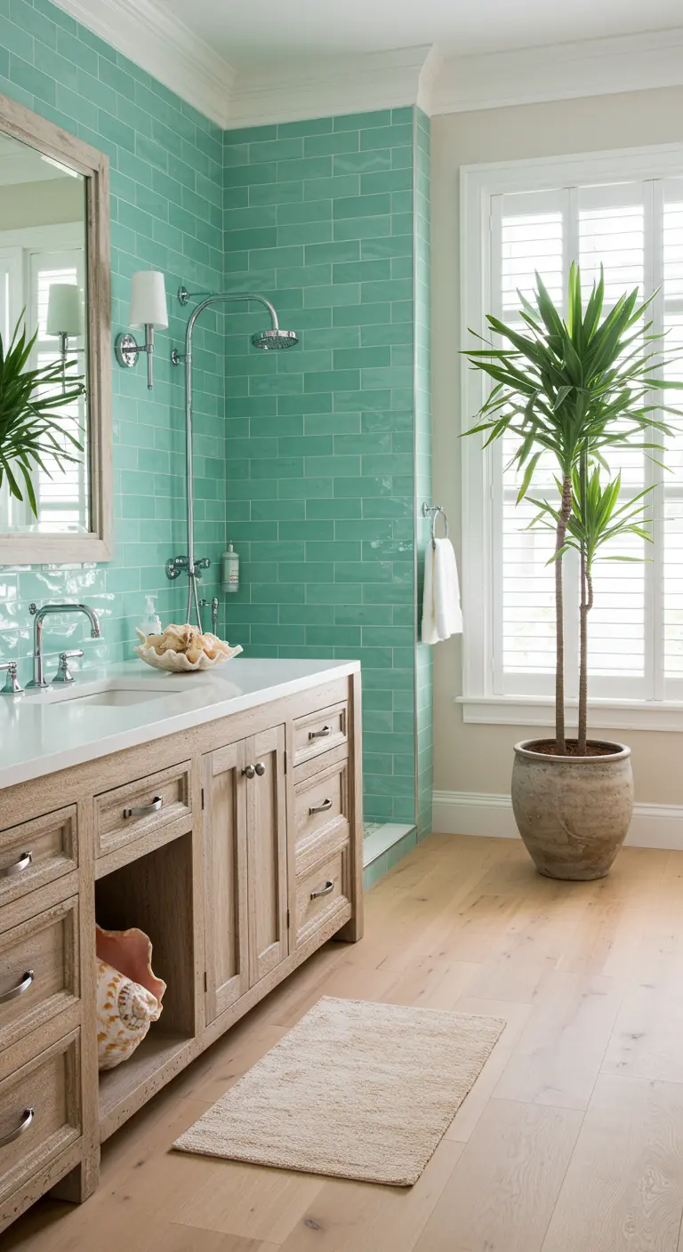 Baño luminoso con azulejos aguamarina, mueble de madera clara y una planta alta