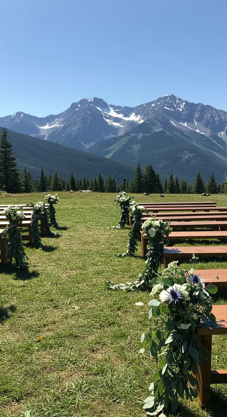 Bancos de madera en una pradera alpina con grandes arreglos de eucalipto y flores blancas.