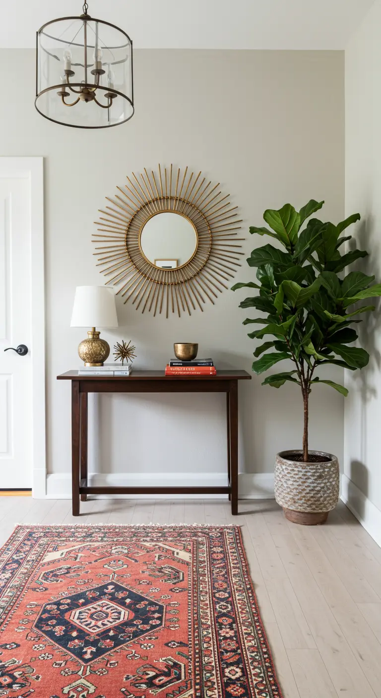 Recibidor luminoso con espejo de sol, una planta alta y una colorida alfombra persa.