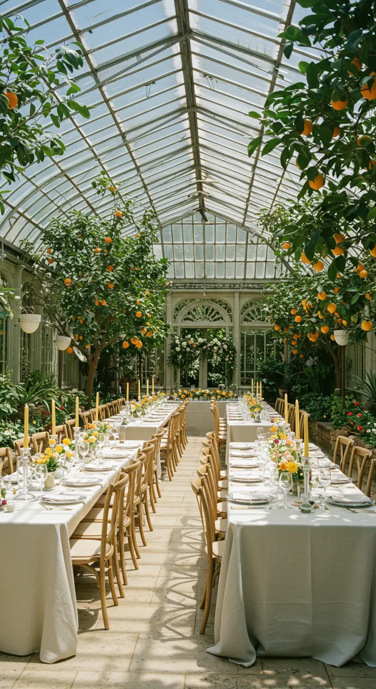 Mesas de boda en un invernadero lleno de naranjos, con velas largas de color amarillo.