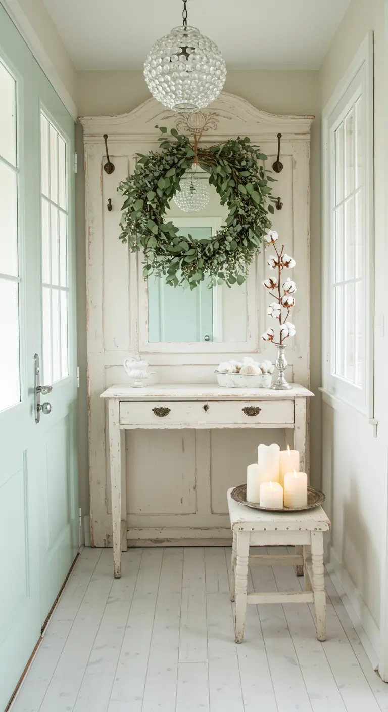 Entrada blanca y luminosa con un mueble antiguo, corona de eucalipto y ramas de algodón.