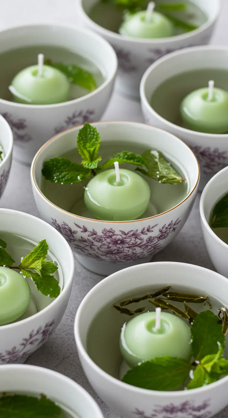 Varias tazas de té de porcelana con agua, hojas de menta y velas flotantes de color verde claro.