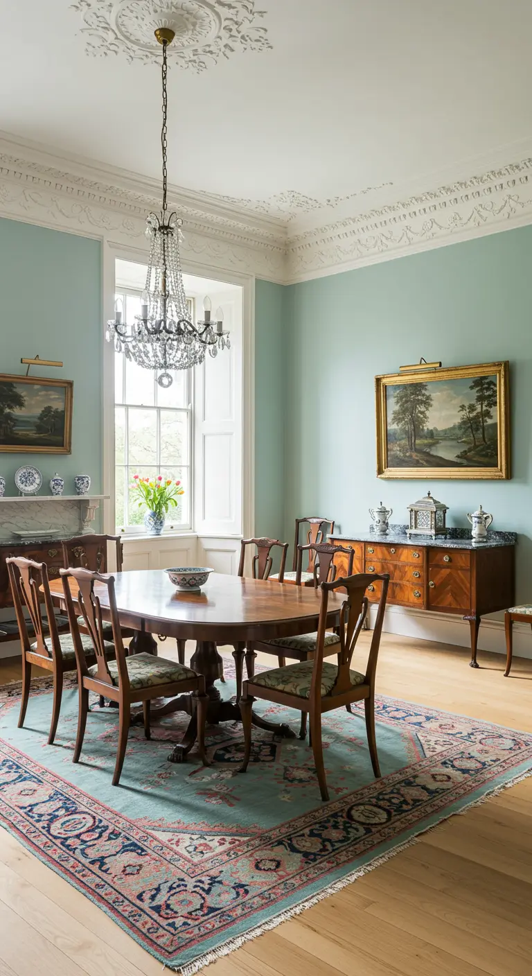 Comedor inglés luminoso con paredes azul claro, molduras blancas y muebles de caoba.