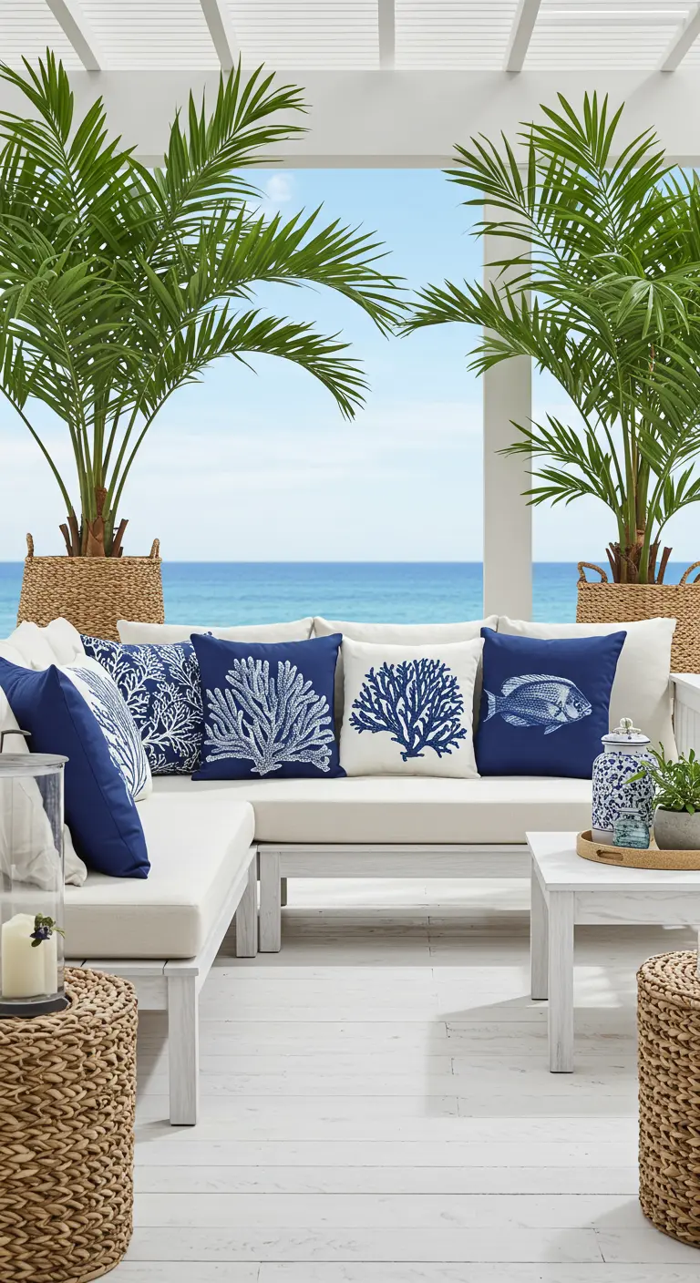 Terraza blanca frente al mar con sofás y cojines en tonos azules y motivos marinos.