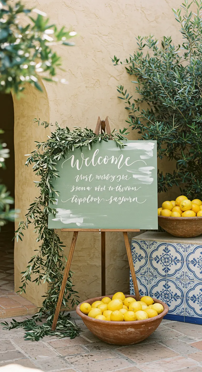 Cartel de bienvenida verde salvia decorado con ramas de olivo y limones frescos.