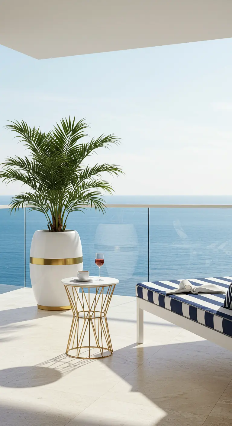 Balcón con vistas al mar, una tumbona de rayas, maceta blanca con banda dorada y mesa auxiliar.