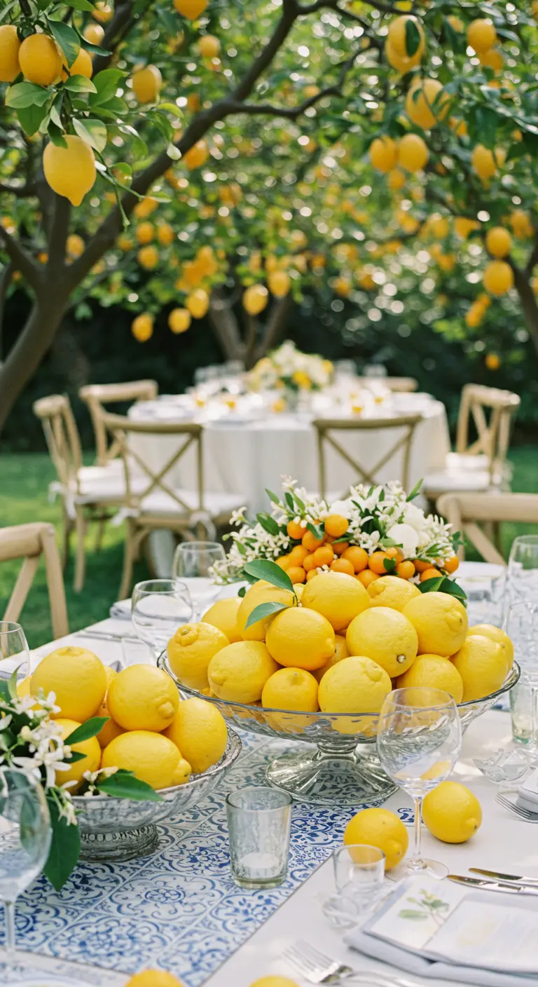 Mesa de boda al aire libre decorada con limones frescos y un mantel de azulejos azules.