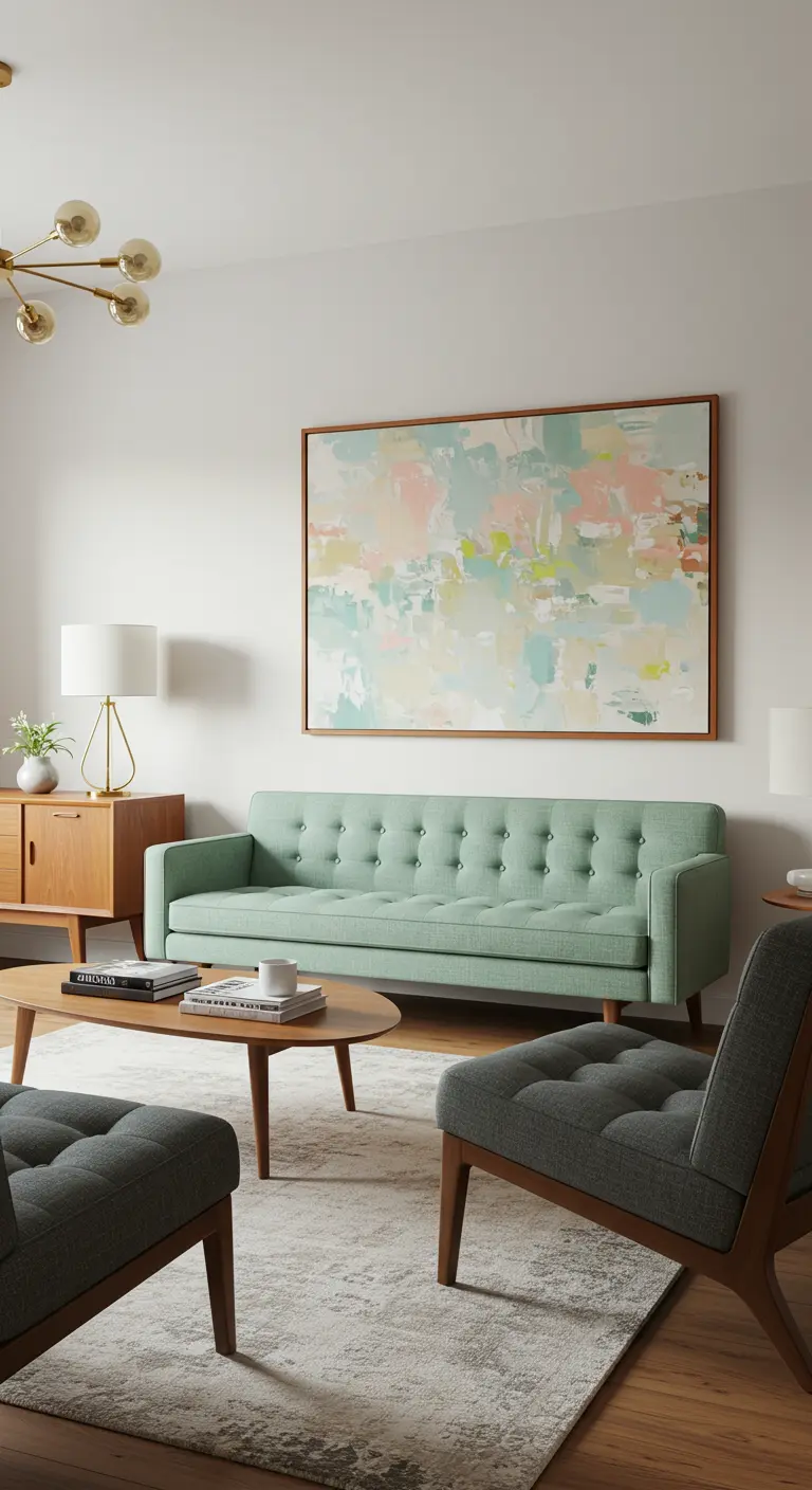 Sala mid-century con sofá verde menta, muebles de madera y un gran cuadro abstracto pastel.