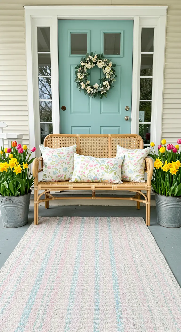 Porche de primavera con puerta color menta, banco de caña con cojines florales y tulipanes.