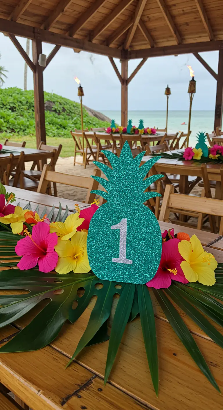 Número de mesa en forma de piña con glitter turquesa rodeado de flores tropicales.