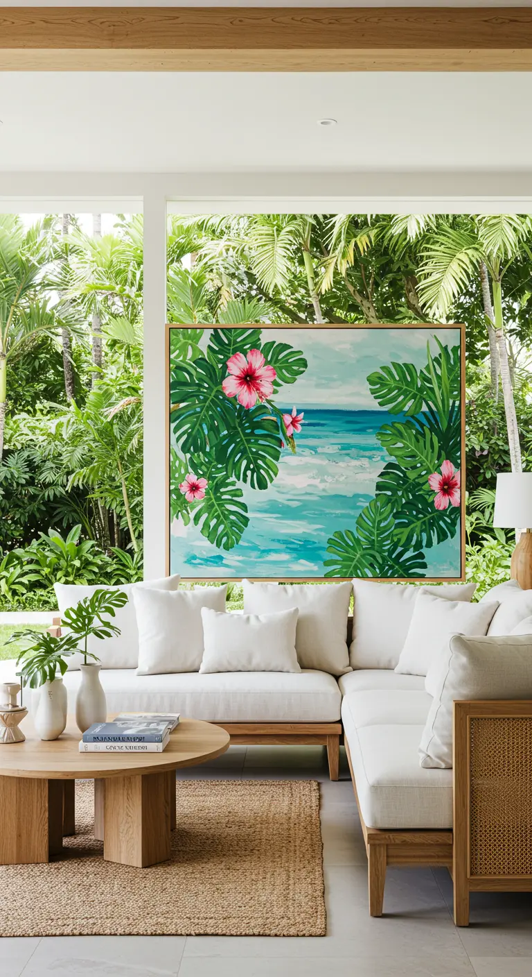 Sala de estar luminosa con un cuadro de temática tropical y vistas a un jardín.